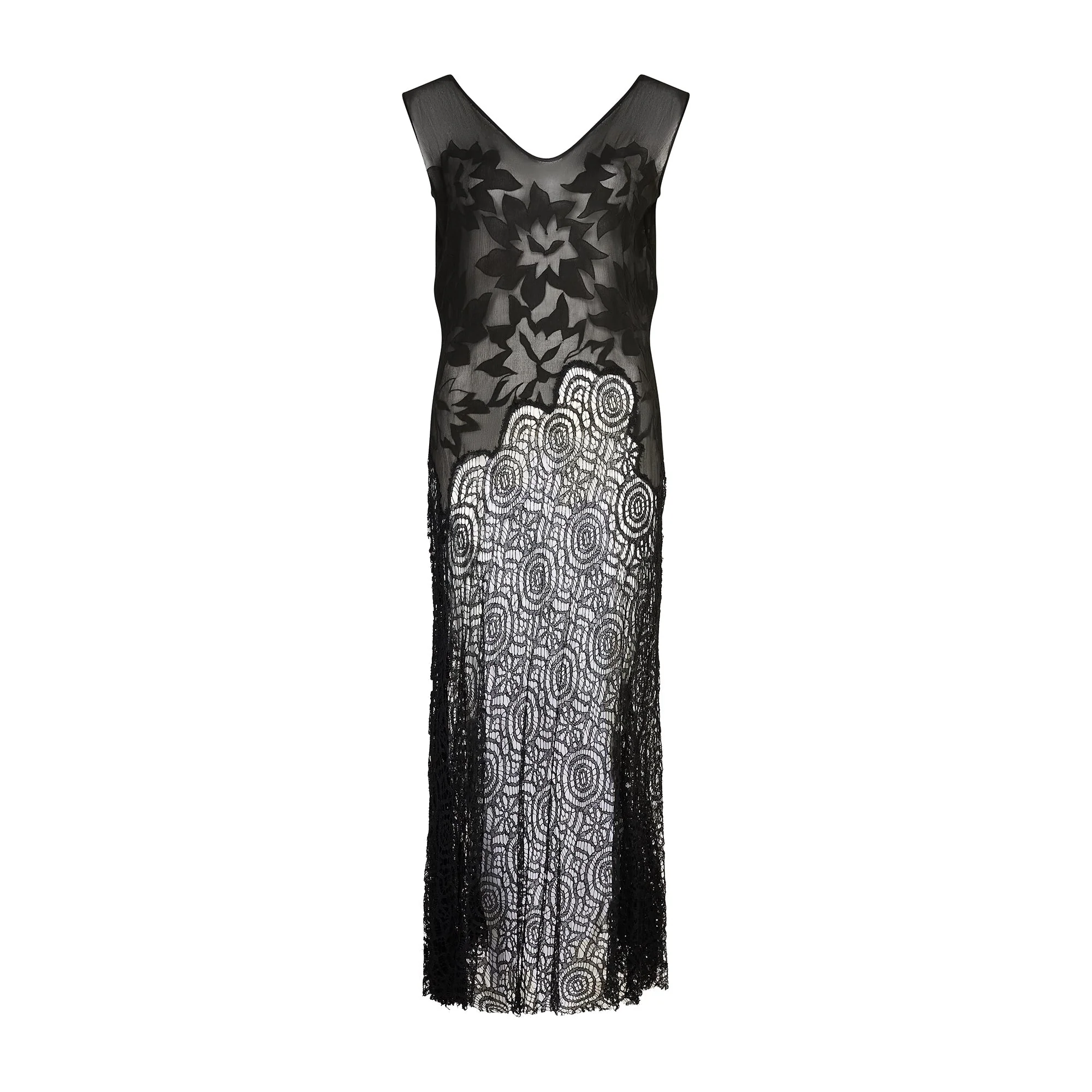 1930s Black Chiffon Applique Bodice and Lace Dress - Image 5