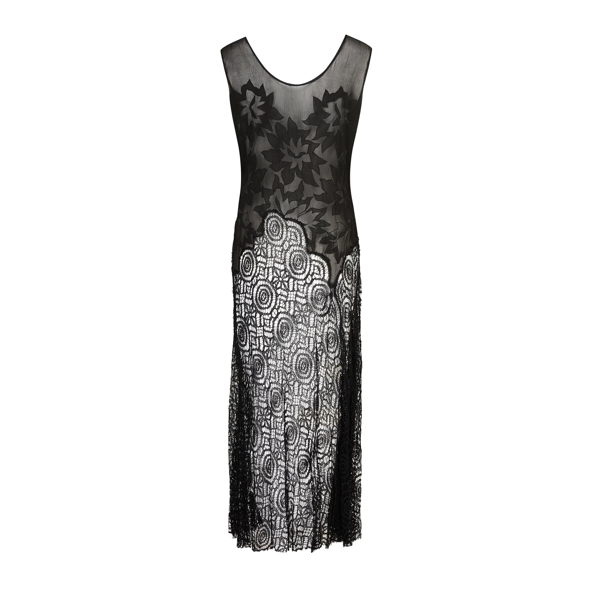 1930s Black Chiffon Applique Bodice and Lace Dress - Image 7