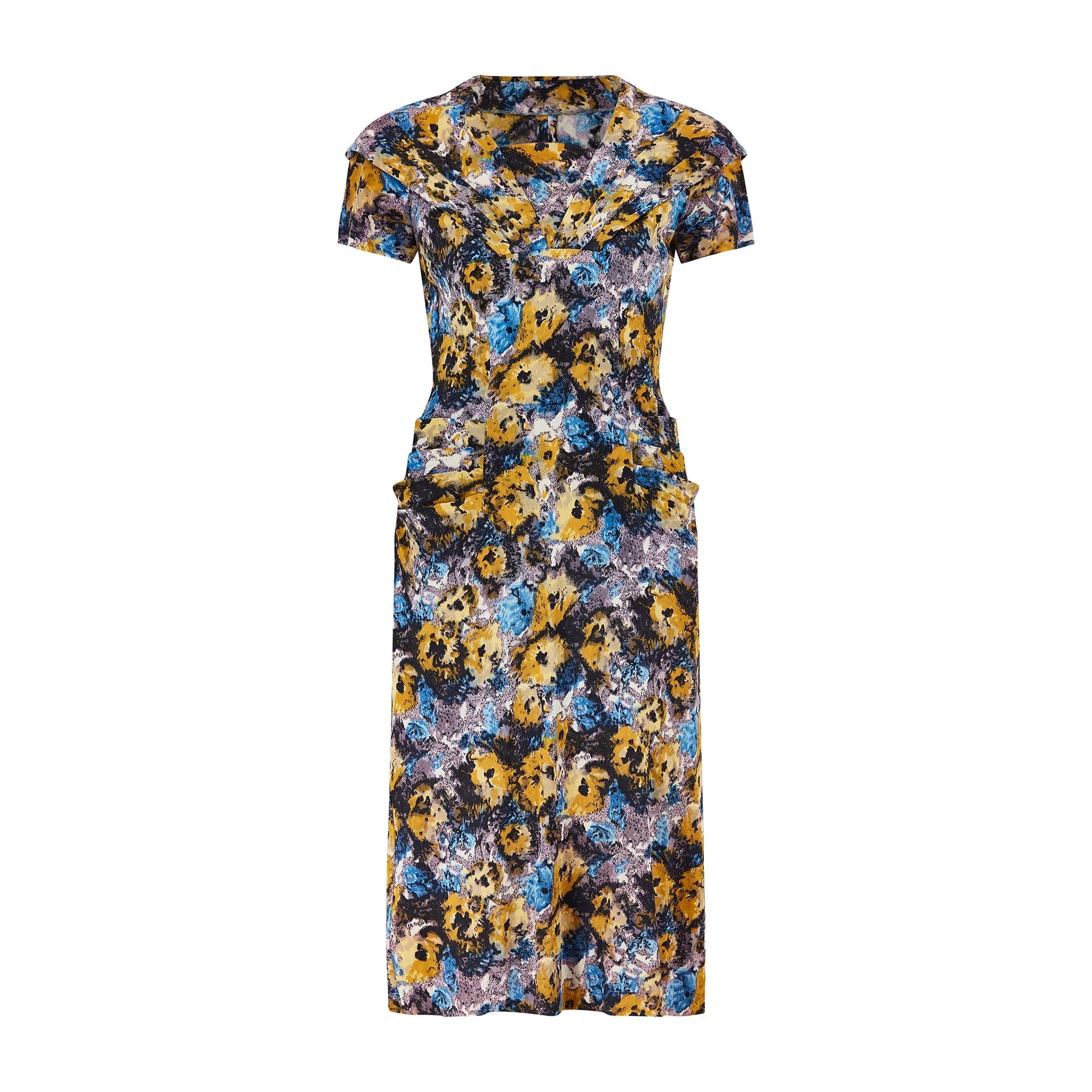 1950s Black Yellow and Blue Floral Jersey Dress Suit - Image 10