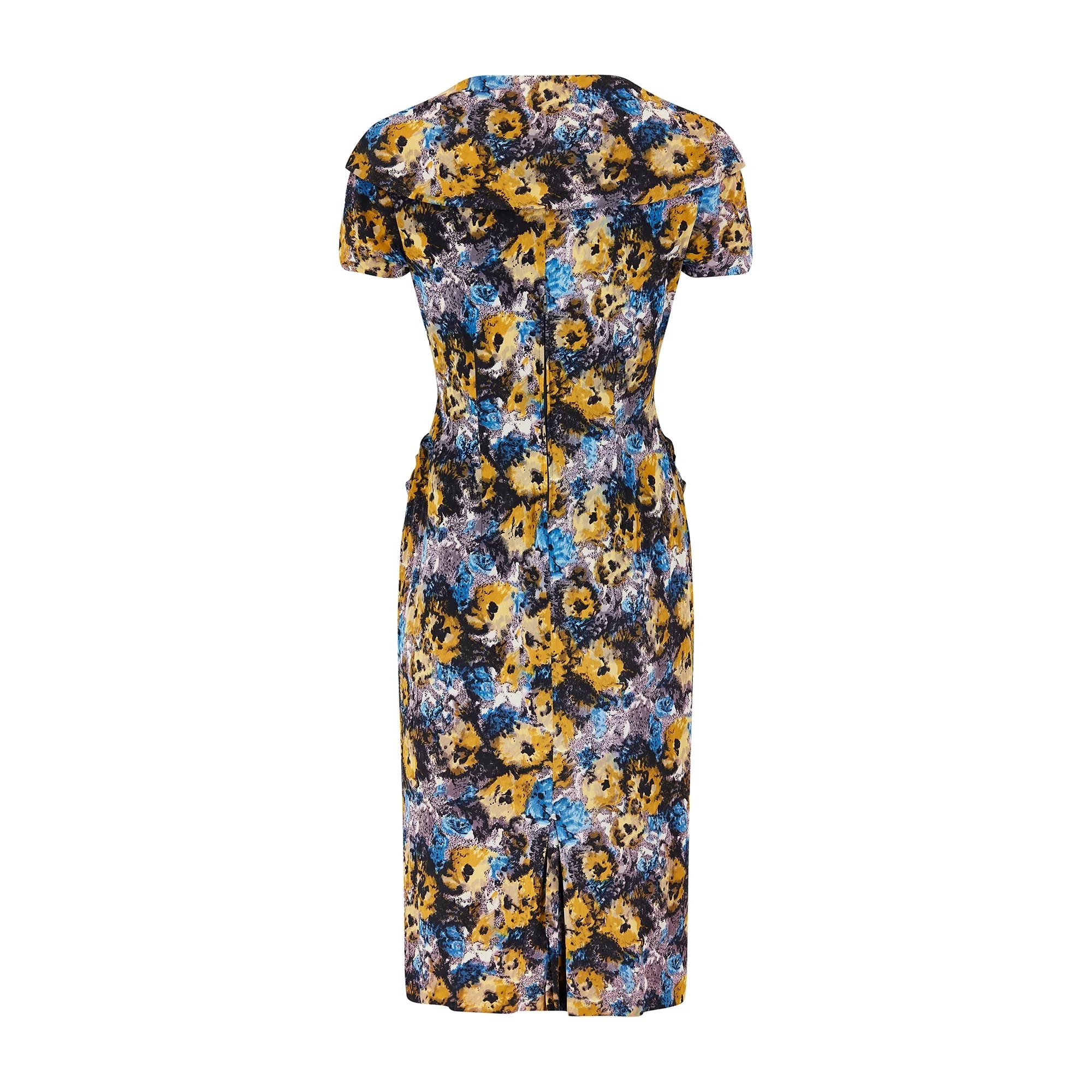 1950s Black Yellow and Blue Floral Jersey Dress Suit - Image 11