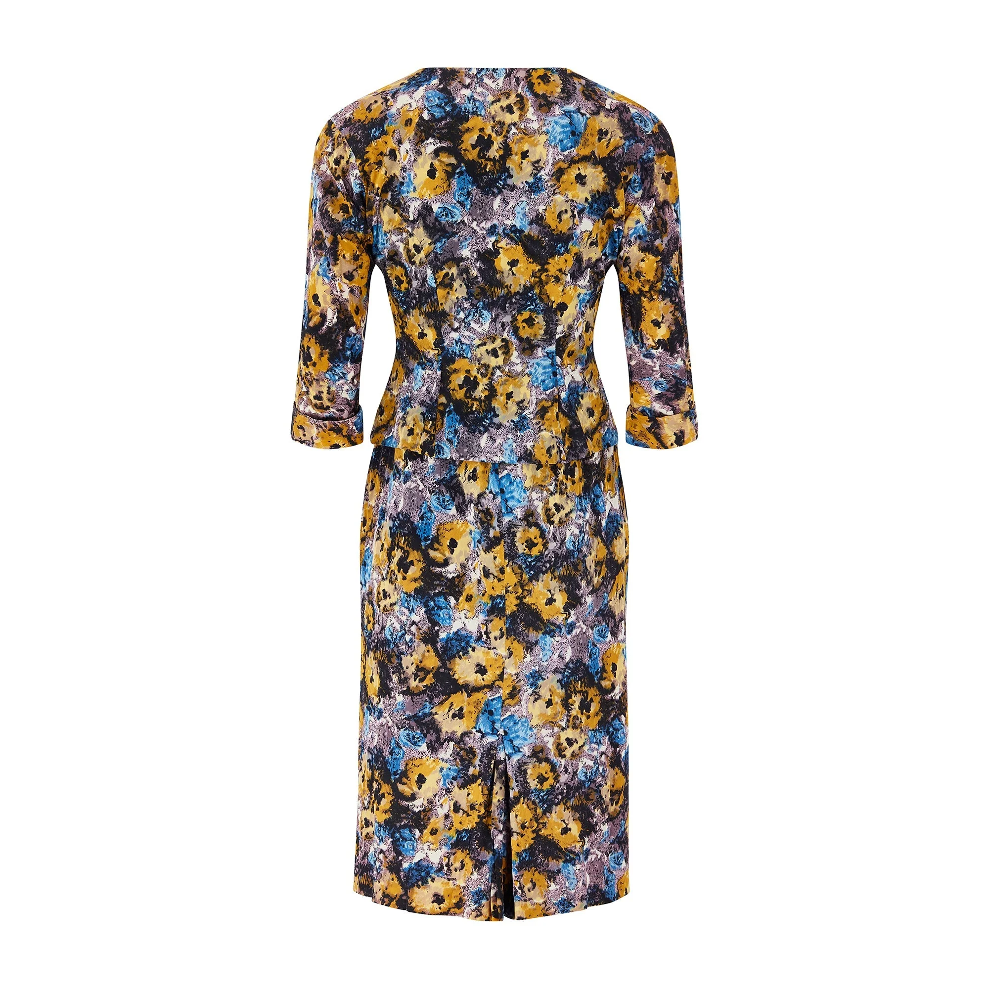 1950s Black Yellow and Blue Floral Jersey Dress Suit - Image 9