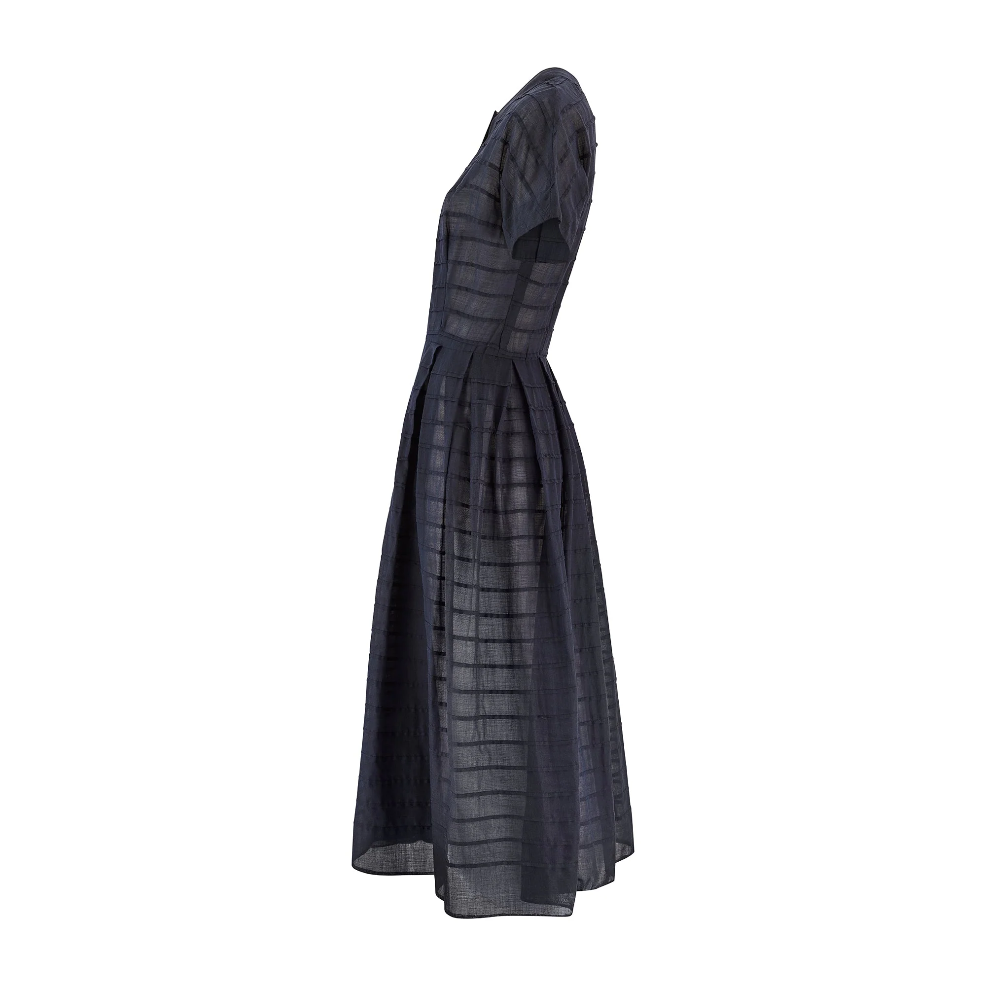 1950s L'Aignon Navy Cotton Short-Sleeve Dress with Pleat Detail - Image 7