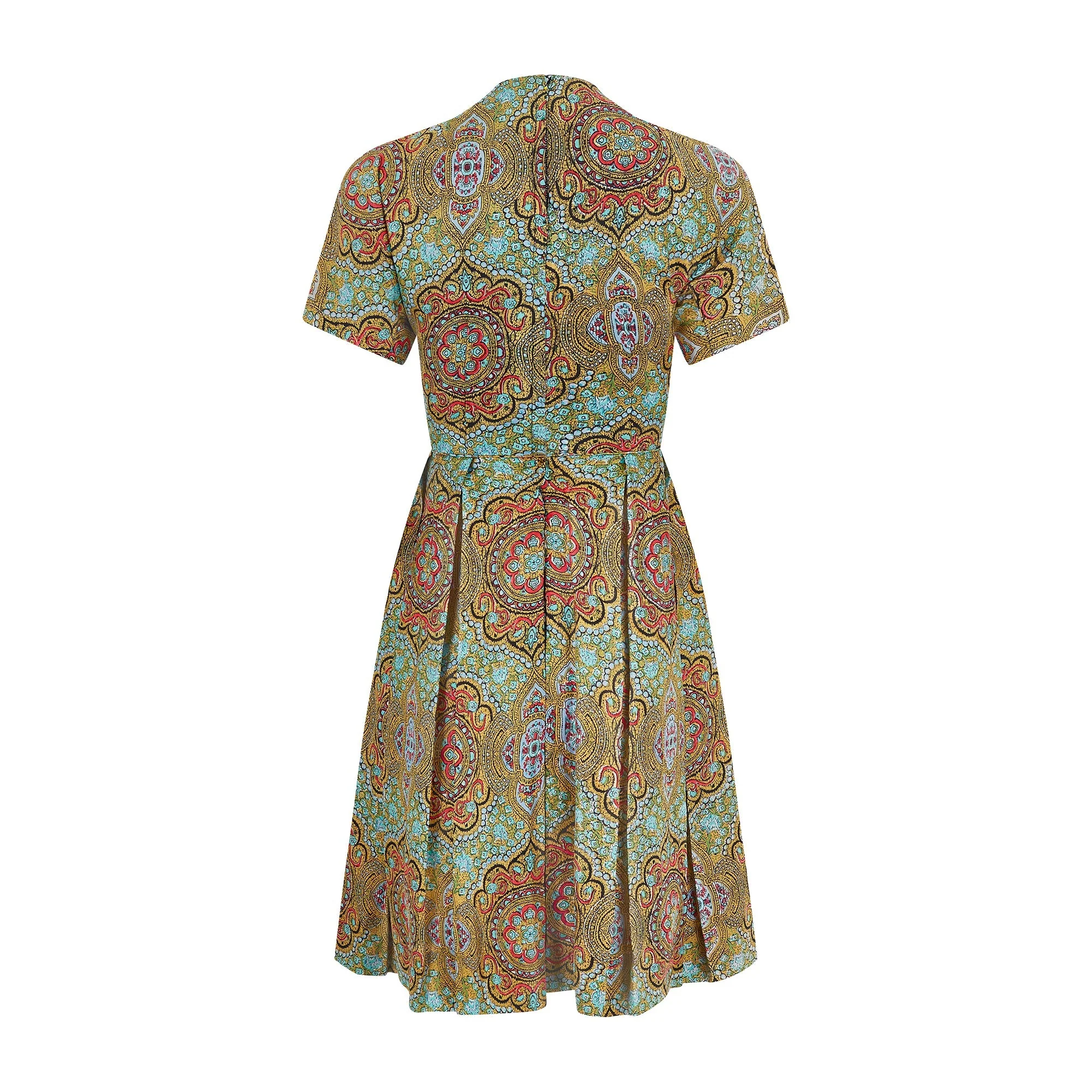 1960s Mustard Paisley Silk Short-Sleeve Pleated Dress - Image 3