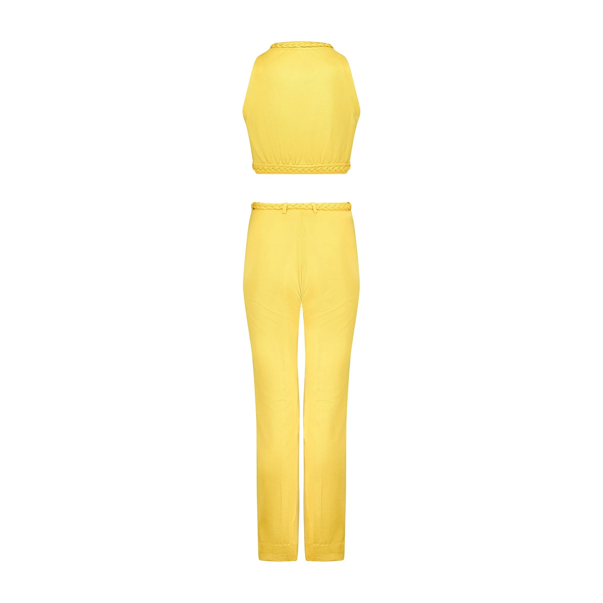 1970s Dana Yellow Jersey Crop Top and Trousers with Braid Detail - Image 10