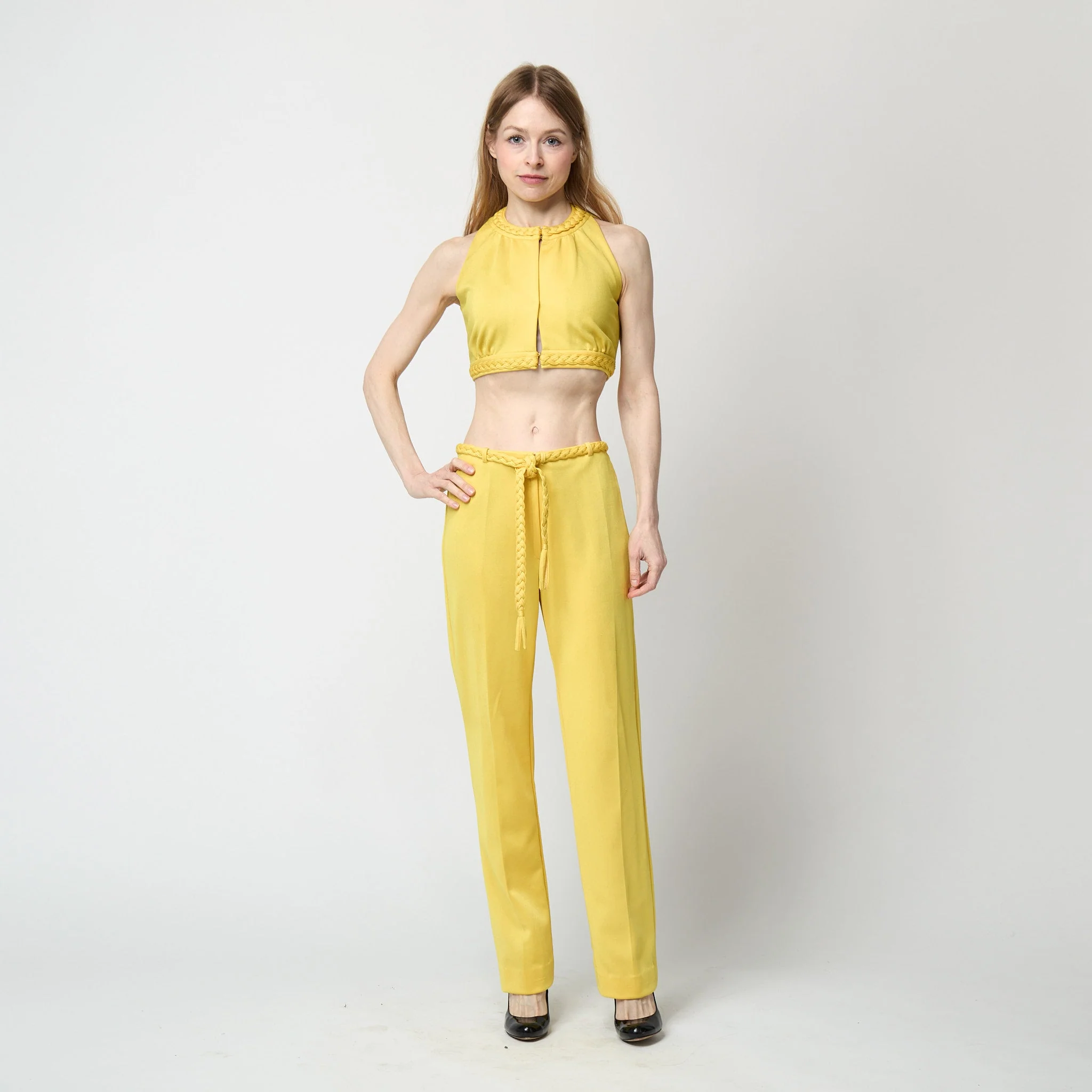 1970s Dana Yellow Jersey Crop Top and Trousers with Braid Detail - Image 26