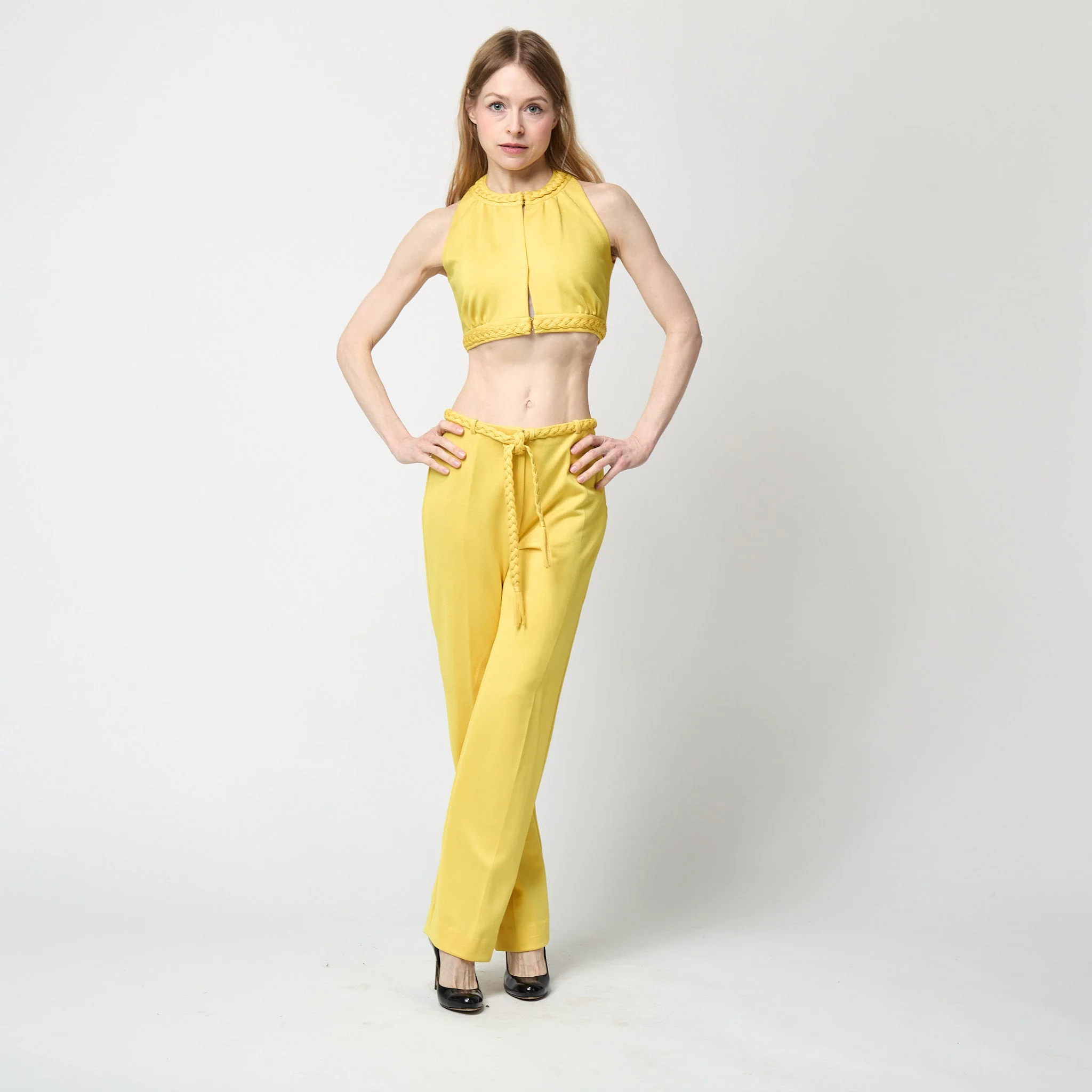 1970s Dana Yellow Jersey Crop Top and Trousers with Braid Detail - Image 27