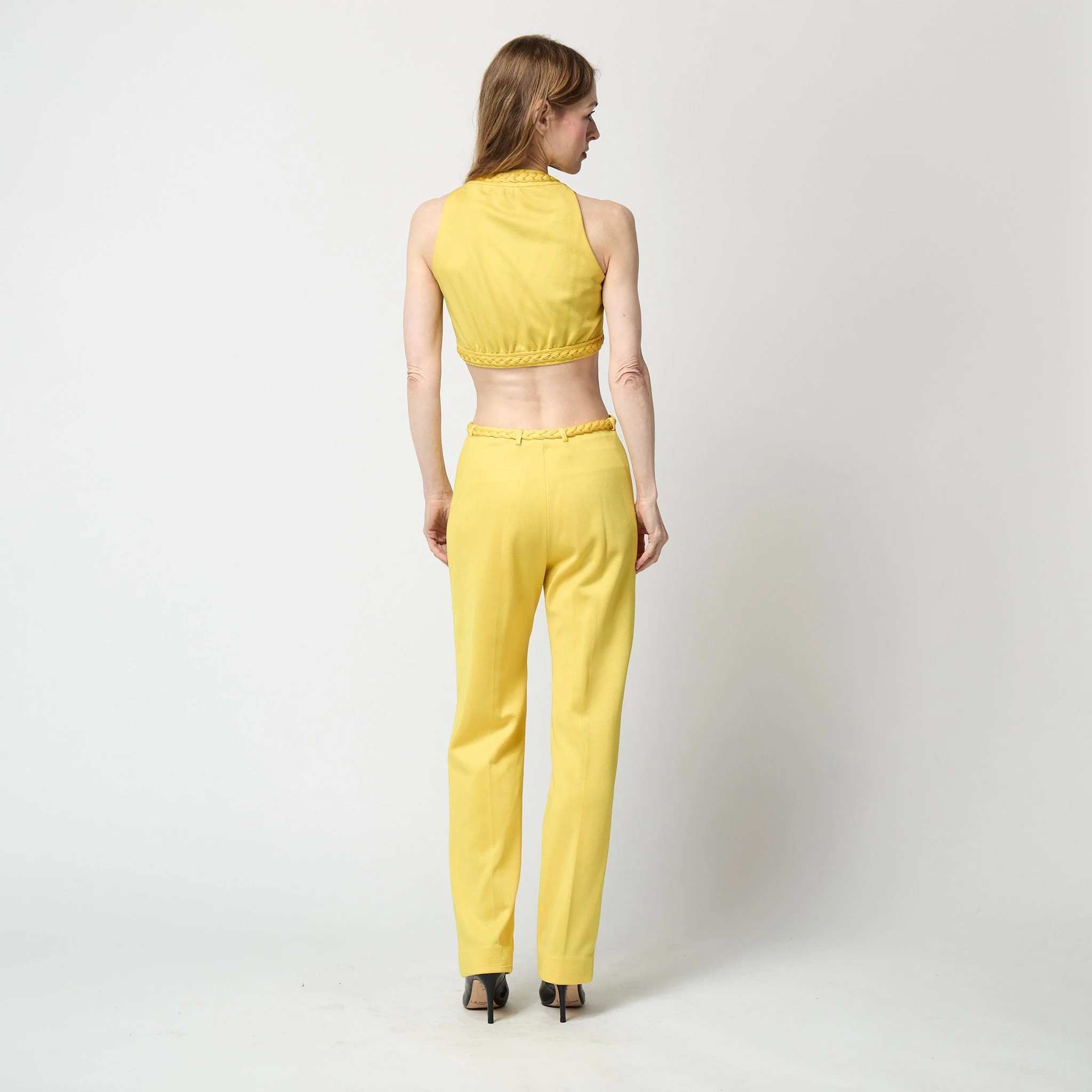 1970s Dana Yellow Jersey Crop Top and Trousers with Braid Detail - Image 28