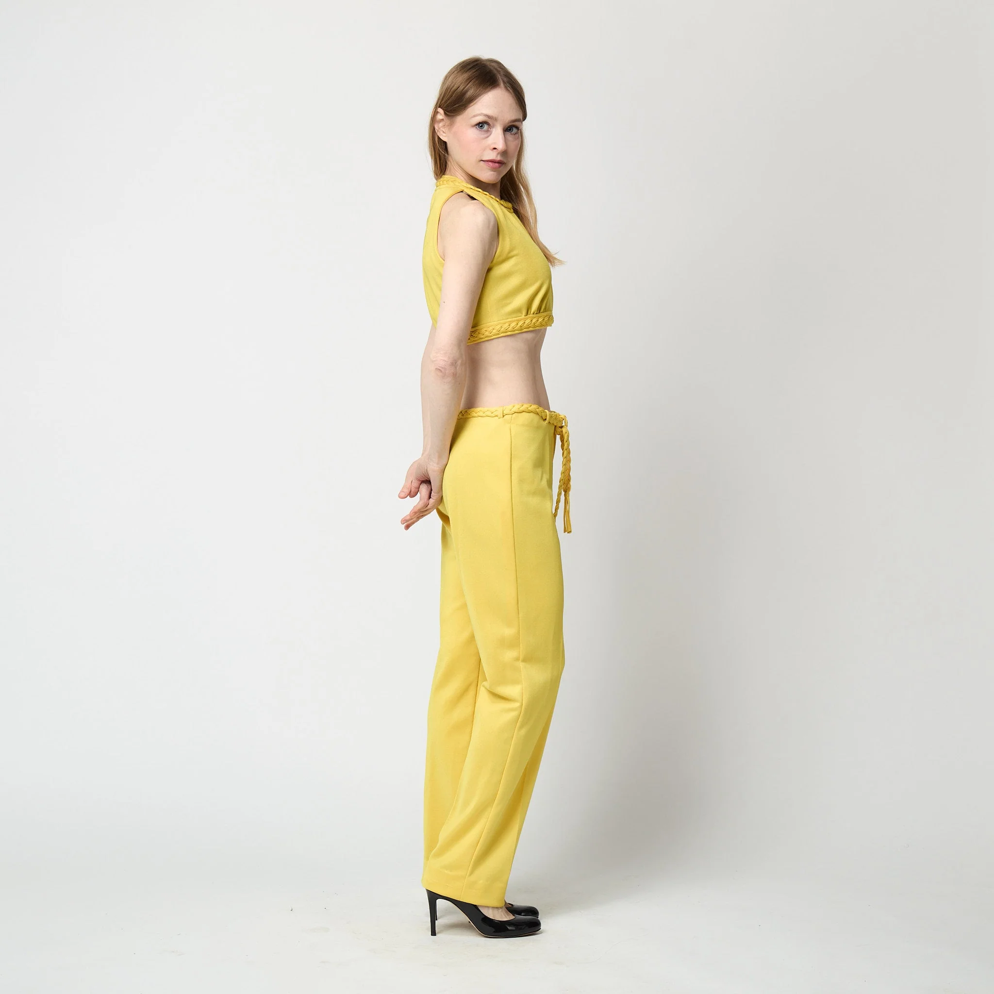 1970s Dana Yellow Jersey Crop Top and Trousers with Braid Detail - Image 29