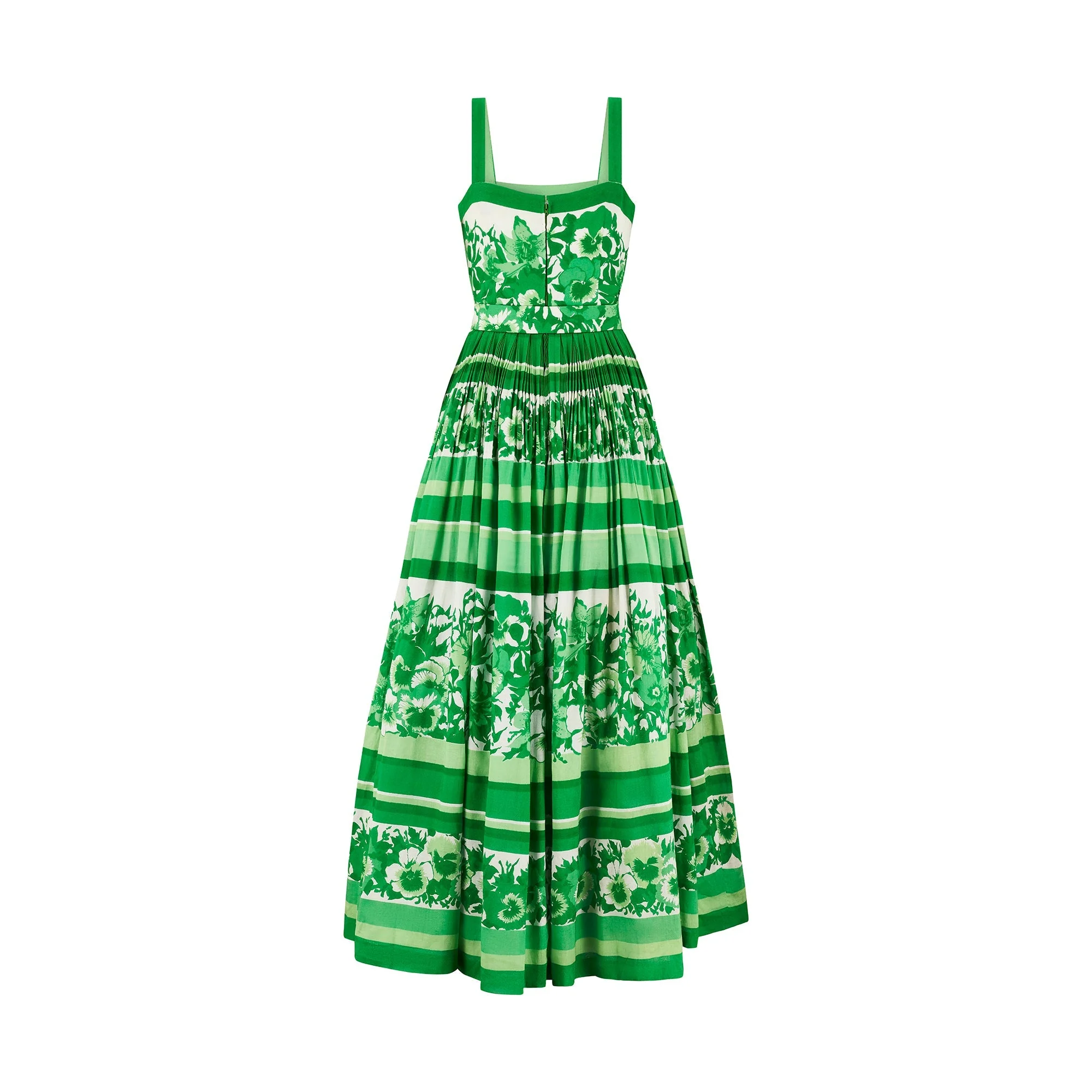 1970s French Couture Green and White Floral Cotton Maxi Dress - Image 6