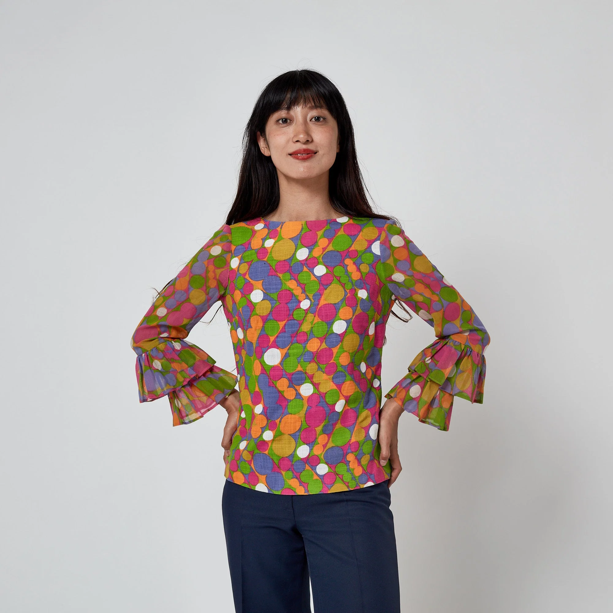 1970s Glen Sportique Polka Dot Print Linen Cotton Blouse - Image 6