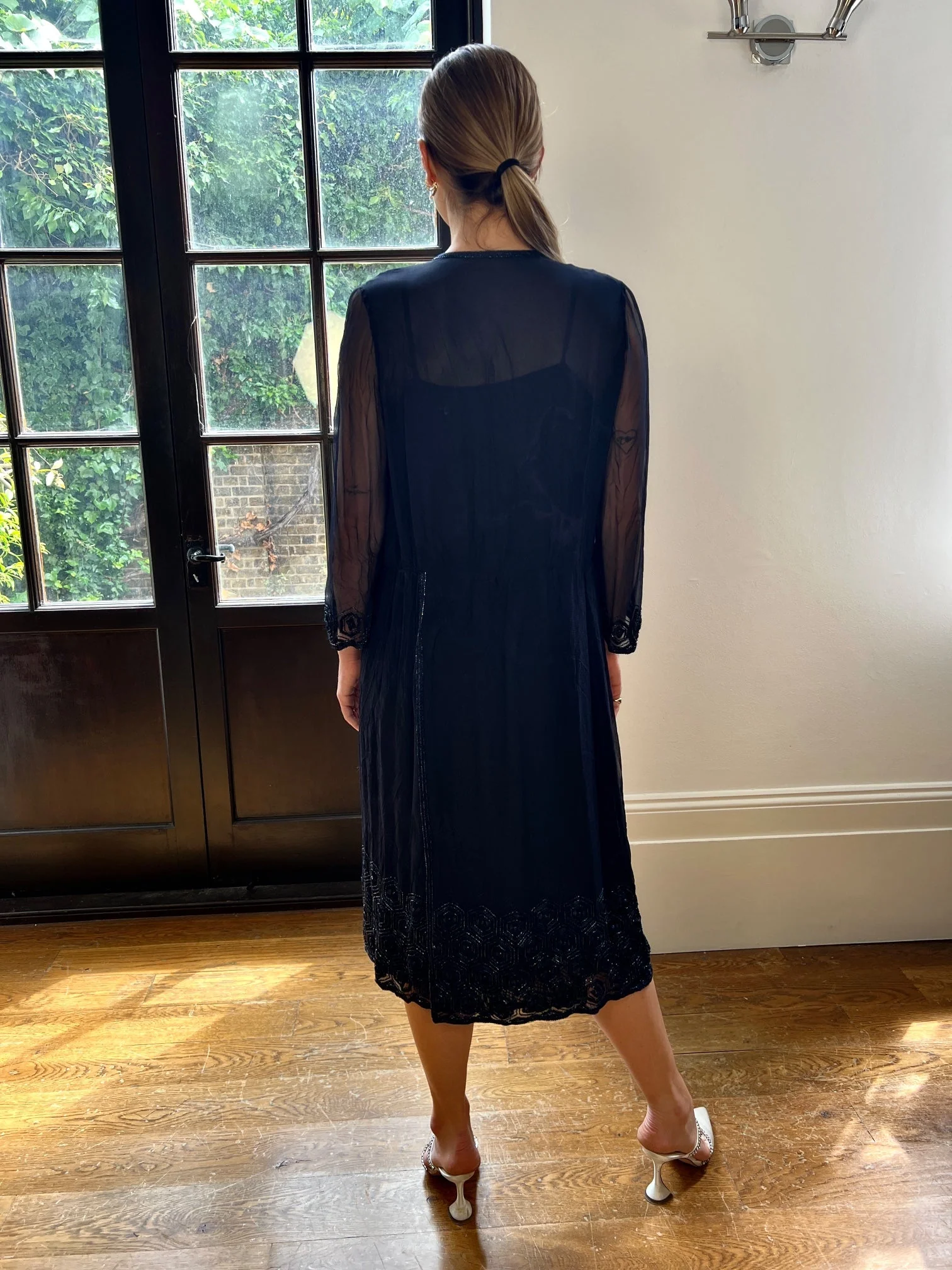 1970s Haute Couture Navy Silk Slip Dress and Beaded Jacket - Image 6