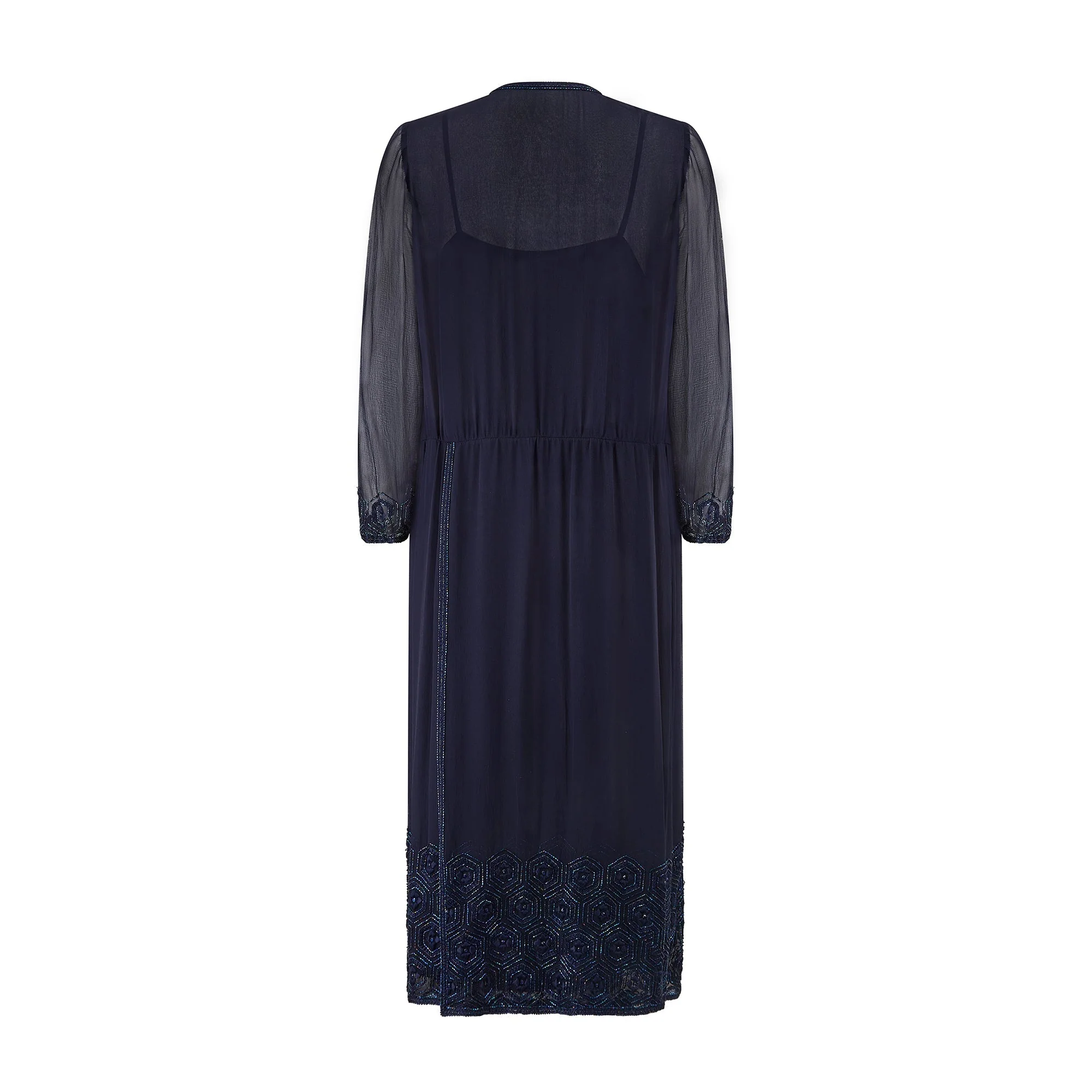 1970s Haute Couture Navy Silk Slip Dress and Beaded Jacket - Image 9