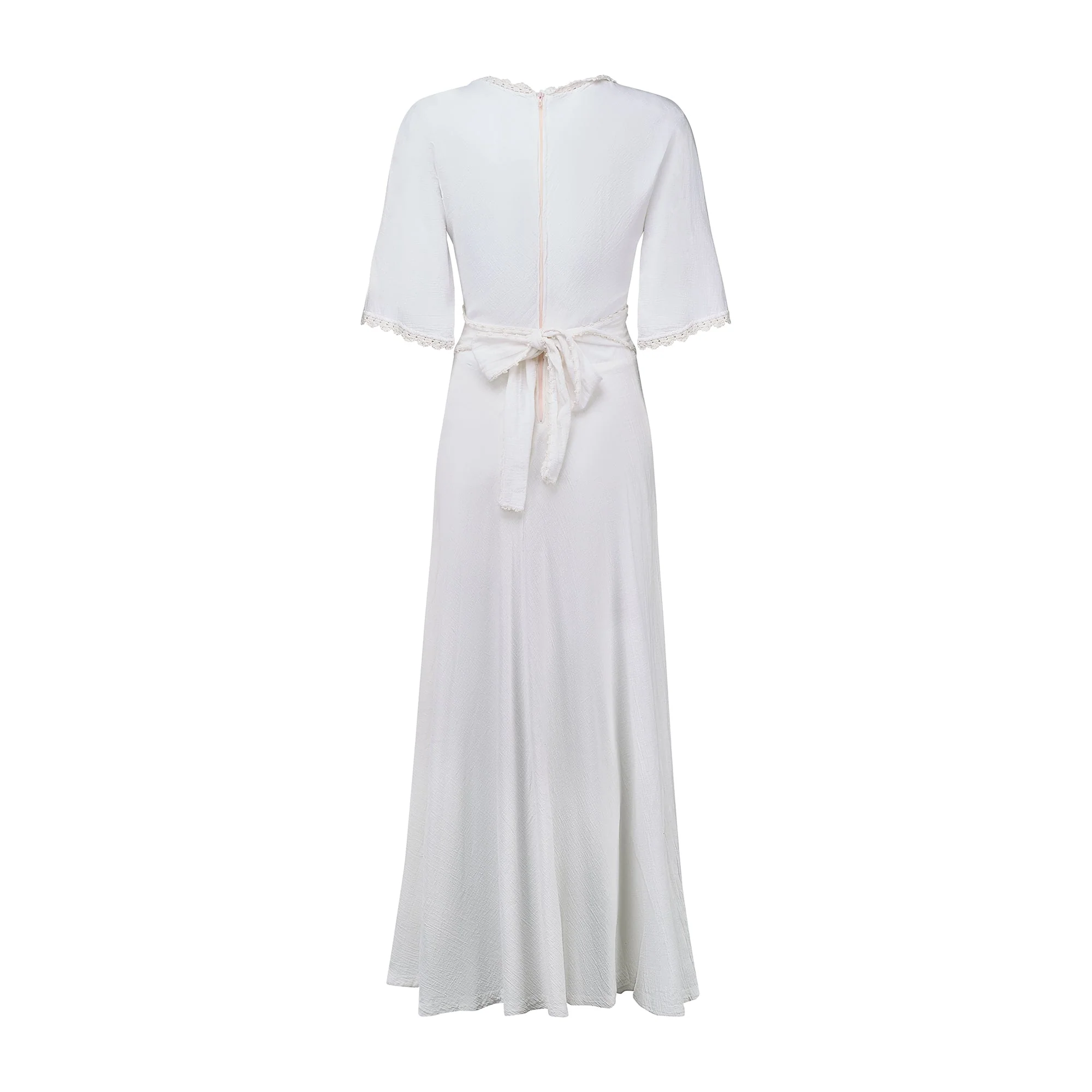 1970s White Cheesecloth and Crochet Dress with Cross Stitch Applique - Image 3