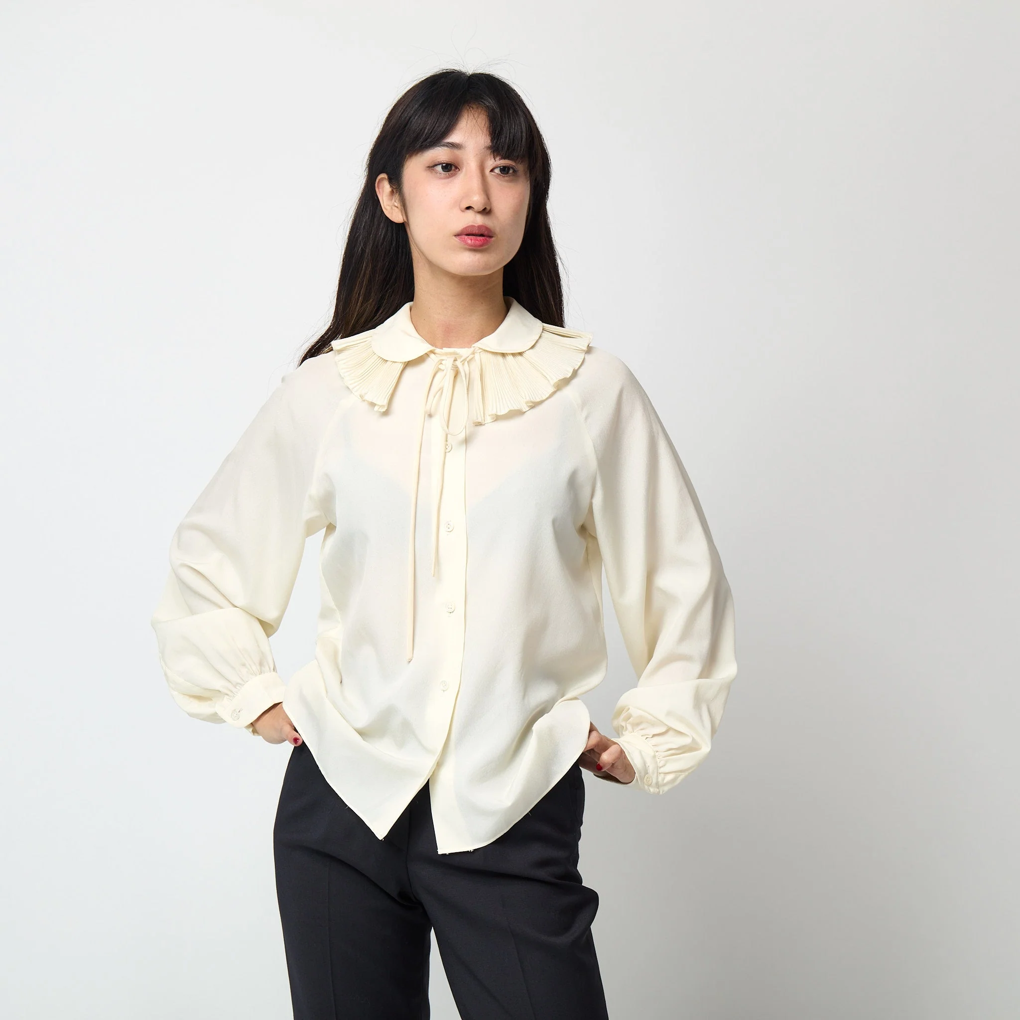 1970s Zandra Rhodes Cream Blouse with Removable Ruffle Collar - Image 15